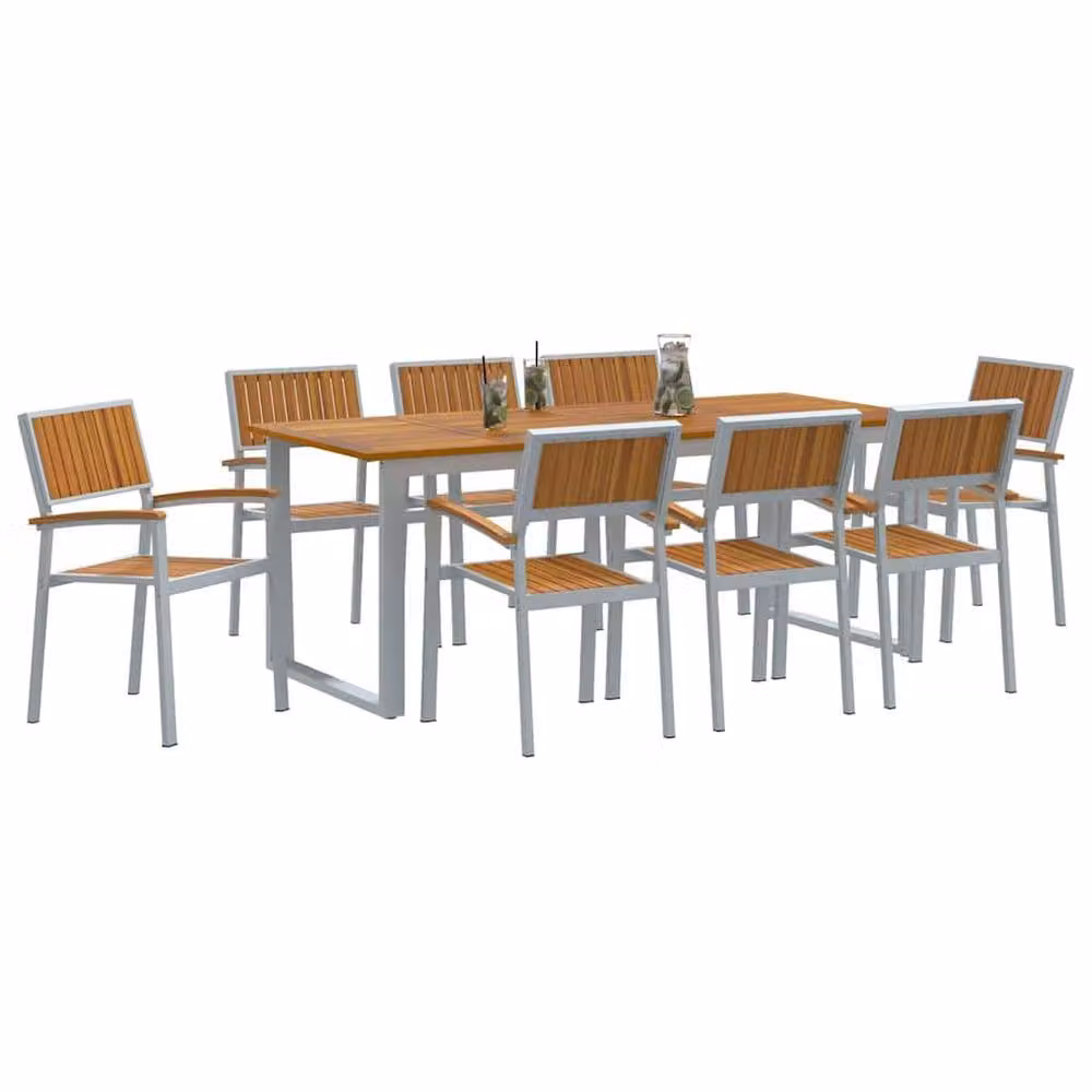 Berkfield Home Modern Garden Dining Set of 9 in Grey with Wood Tone Metal and Teak Finish – 3