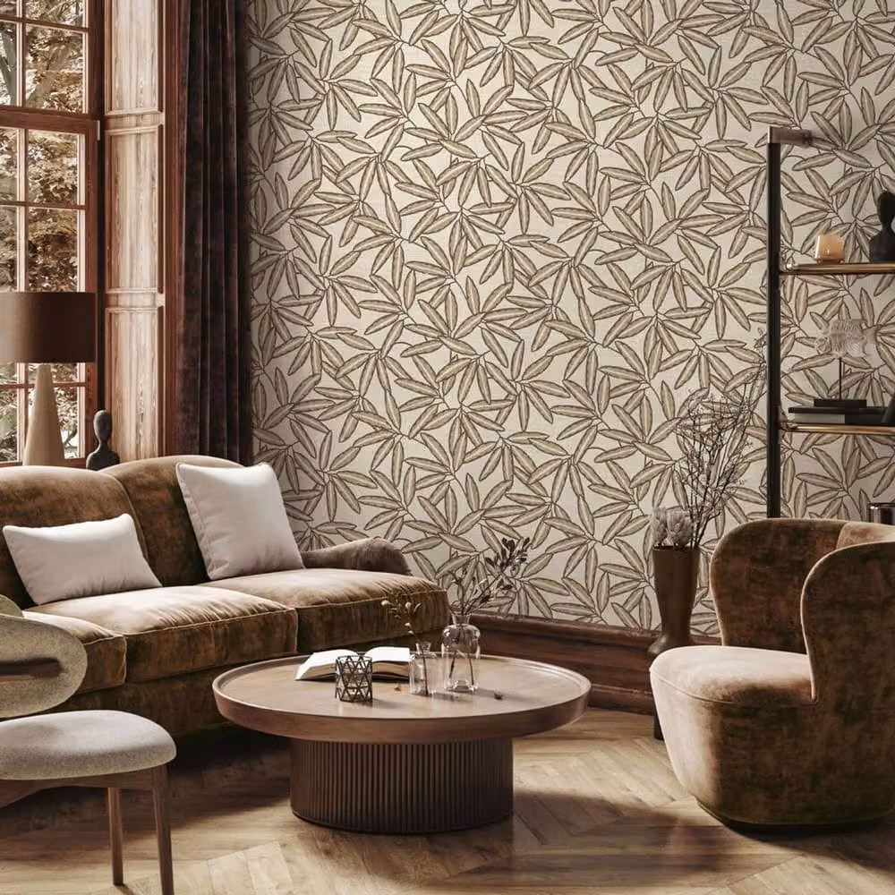 Belgravia Botanical Leaf Textured Vinyl Wallpaper in Beige – 2