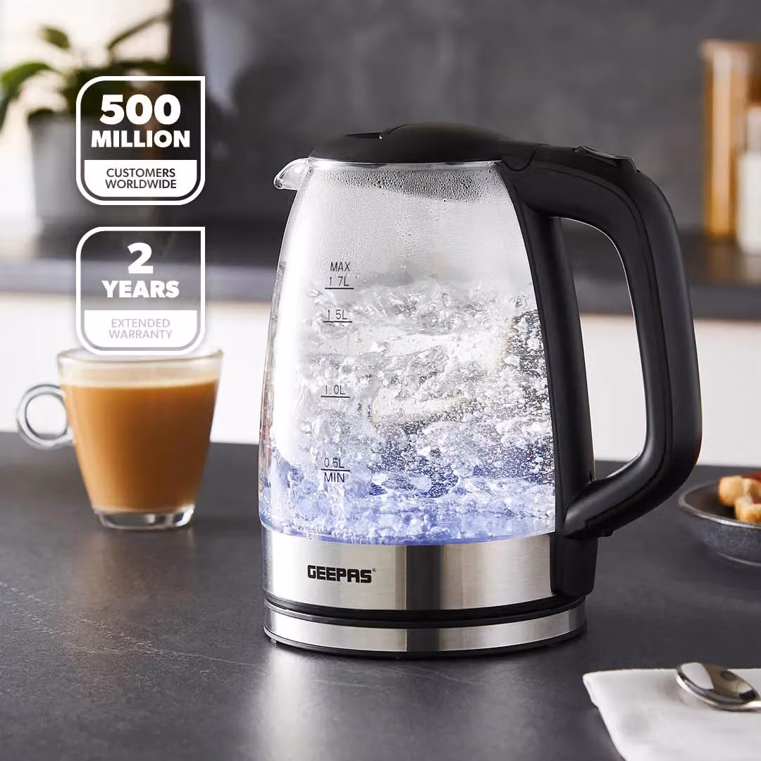 Geepas 1.7L Illuminating Glass Kettle with 2200W Fast Boil and Auto Shut-Off in Black – 2