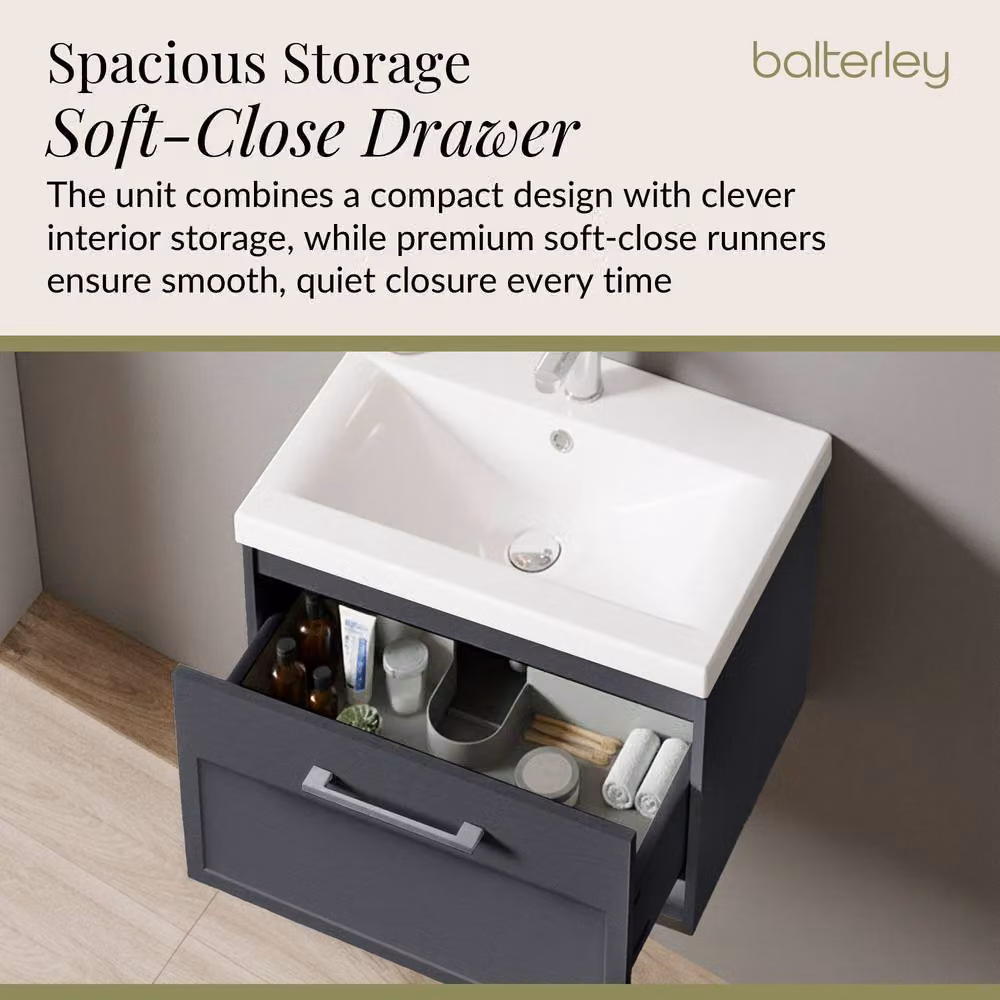 Balterley Wall Hung 1 Drawer Vanity Unit and 0TH Fireclay Basin, Dark Grey, Width: 50 cm – 3
