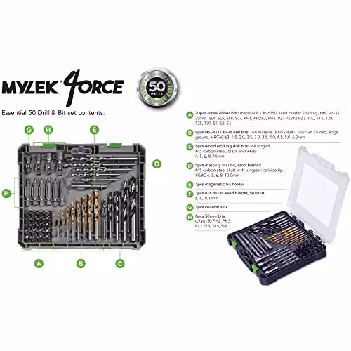MYLEK 50 Piece HSS Drill Bit and Screwdriver Accessory Set with Storage Case in Black and White – 2
