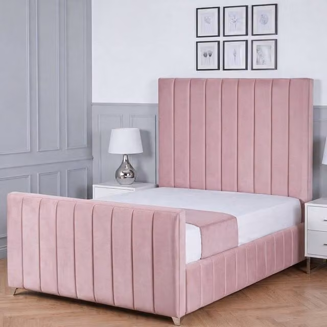 Living Comfort Bedz Zenith King Size Upholstered Plush Velvet Bed with Slatted Base and 48 Inch Headboard in Pink, W/D/H: 180 x 200 cm