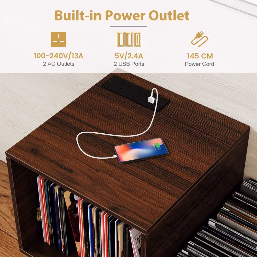 Gymax Modern Brown Metal Turntable Stand with Power Outlet and Display Shelf – 6