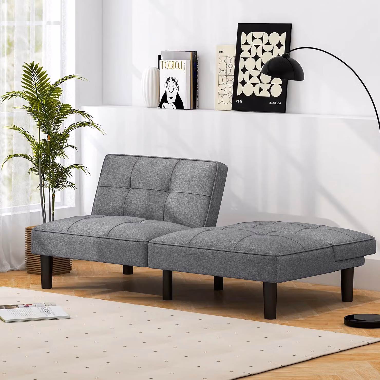 Gymax Modern Grey Linen Fabric Upholstered Convertible Futon Sofa Bed with Solid Wood Frame – 7