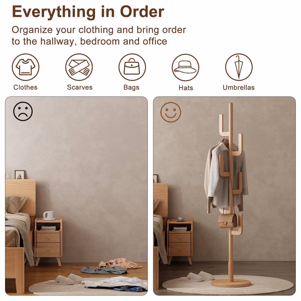 YQJJGL Freestanding Solid Wood Coat Tree with Hooks in Natural Brown – 2
