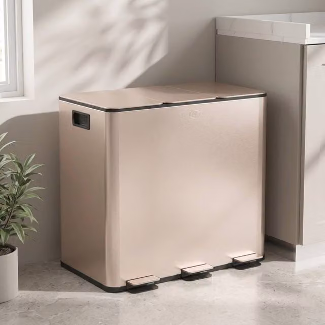 STILVORA Triple 45L Kitchen Pedal Bin with Soft-Close Lid and Odour Filter in Gold Stainless Steel