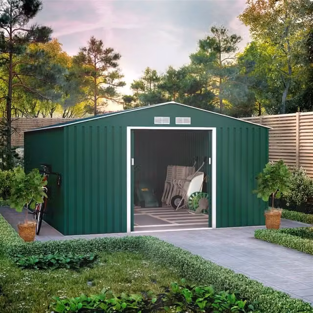 BillyOh Ranger Apex Metal Gable Shed with Foundation Kit and Sliding Doors in Green, W: 436 cm, H: 210 cm