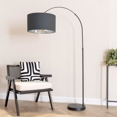ValueLights Louis Black Arched Floor Lamp with Chrome and Fabric Shade, H 180 cm x W 45 cm x D 45 cm – 2