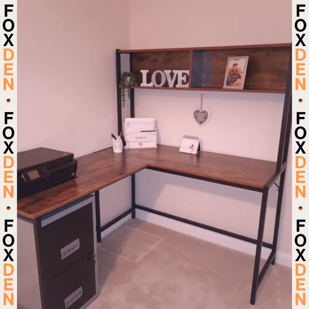 Hinsinc L Shaped Industrial Corner Desk with Storage Shelf in Brown and Black – 4
