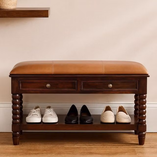 Artisan Furniture Spindle Winewood Leather Bench in Brown