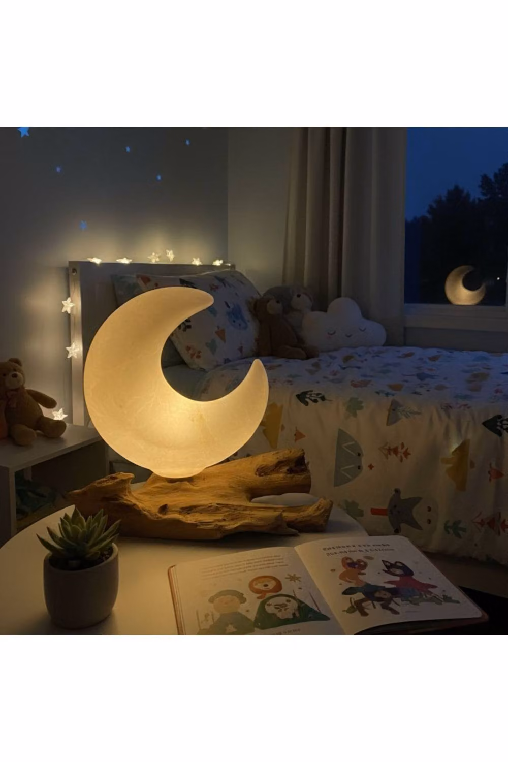 KDMD DriftGlow Crackle Half Moon Tabletop Lamp in Grey and White with Natural Wood and LED Warm White Bulb – 2