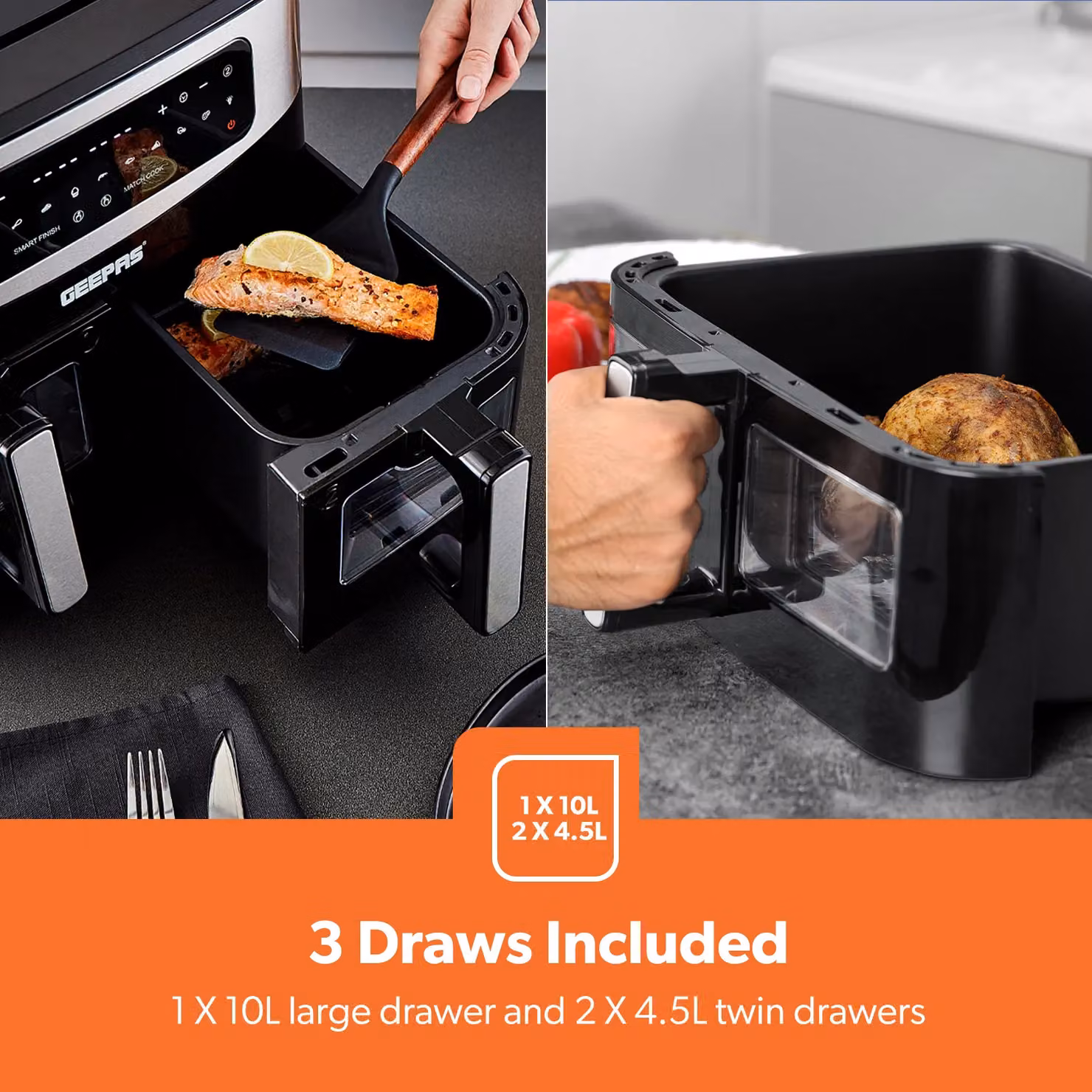 Geepas 9L Dual Zone XL Air Fryer with 10L Drawer Combo, 2500W, Black – 4