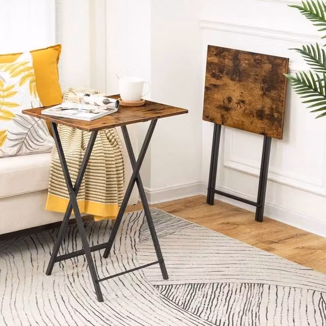 EONLION Set of 2 Folding Side Tables in Brown and Black with Metal X-Frame – 1