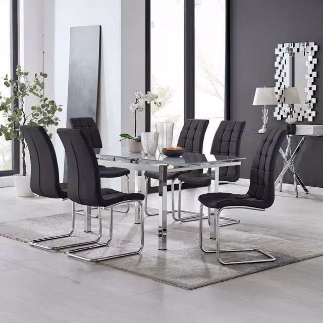 Furniturebox Enna White Glass Extending Dining Table and 6 Murano Chairs in Black