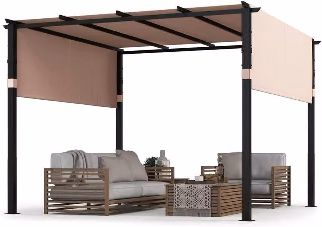 Costway Flat Top Outdoor Pergola with Retractable Canopy in Beige, W/D: 305 x 305 cm, H: 215 cm – 1