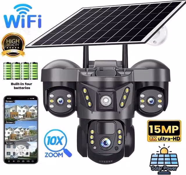 NESTLUNE 15MP 3 Lens Solar WiFi PTZ Security Camera with 10X Zoom, Black