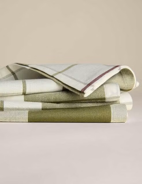 M&S Set of 4 Green Mix Checked Half-Linen Napkins