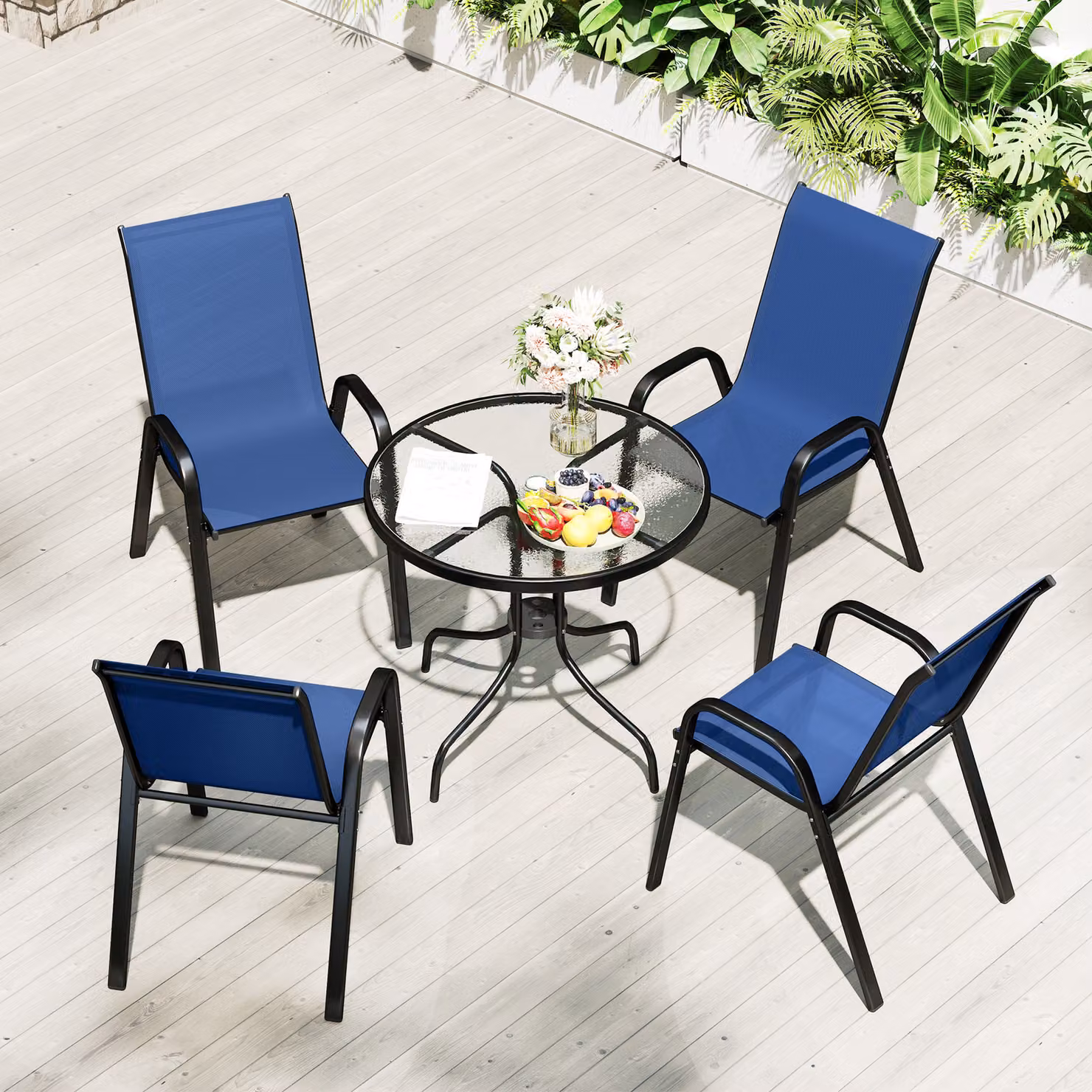 Outsunny Five-Piece Modern Steel Patio Set with Round Glass-Top Table in Blue – 6