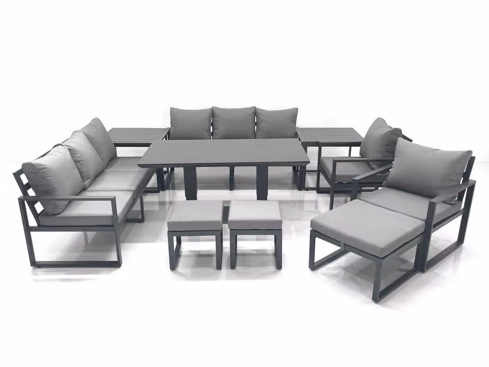 Fimous Dark Grey Aluminium Garden Sofa Set with Height Adjustable Dining Table, 2 Chairs, 3 Footstools and 2 Side Tables – 2