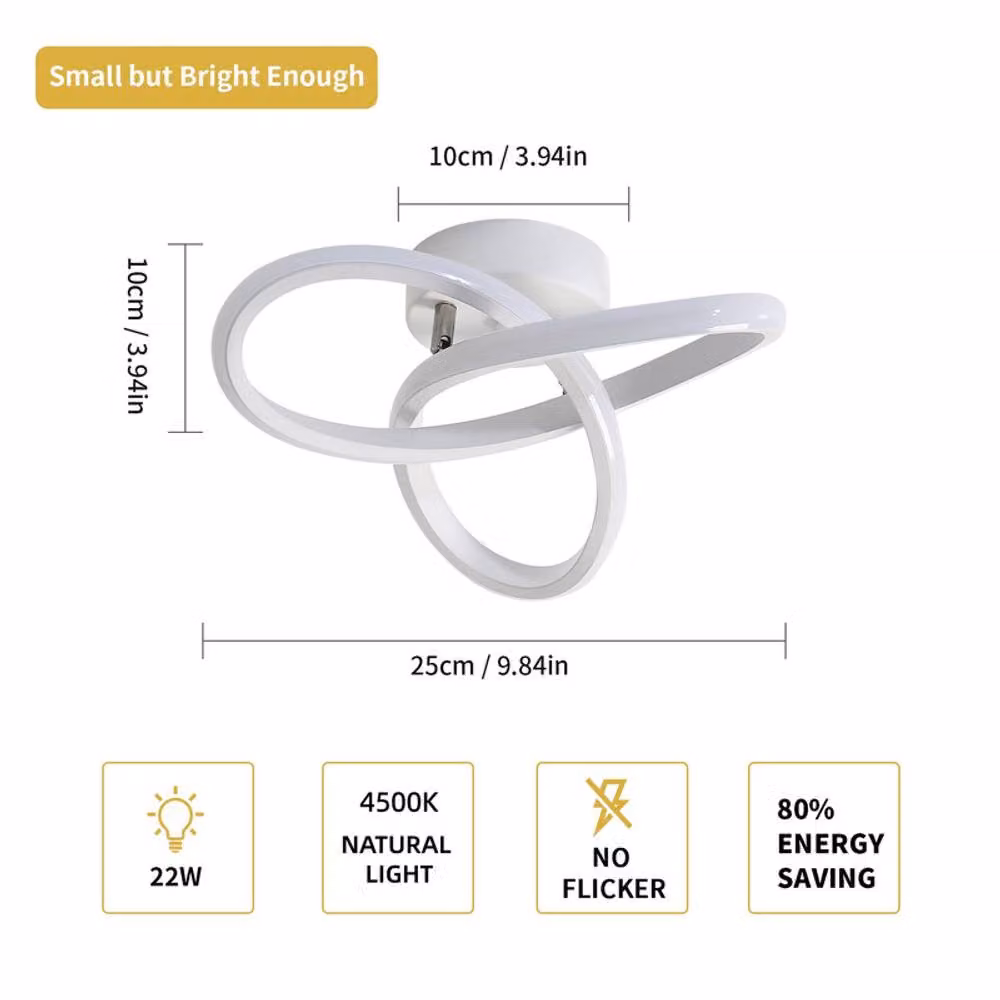 COMELY 22W Modern Curved LED Ceiling Light in White, 4500K – 2