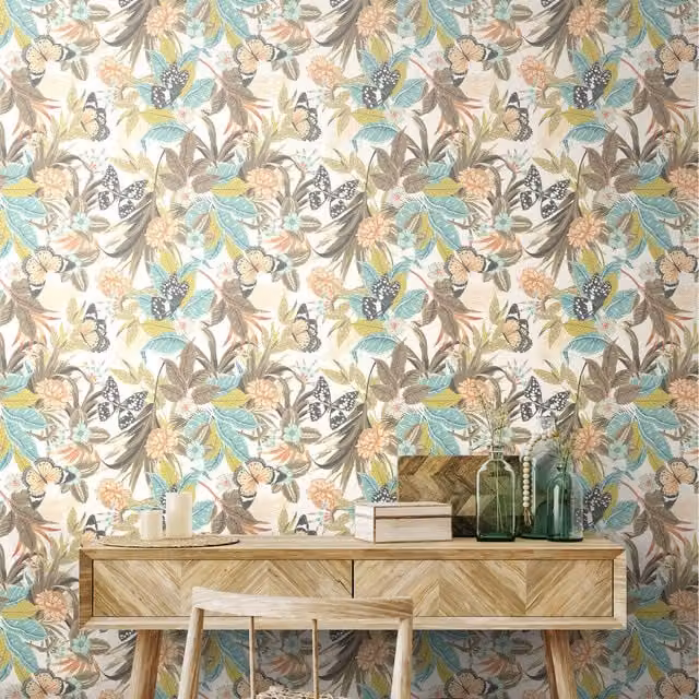 Hoopla Walls Paradise Wallpaper in Moss and Peach Multicolour