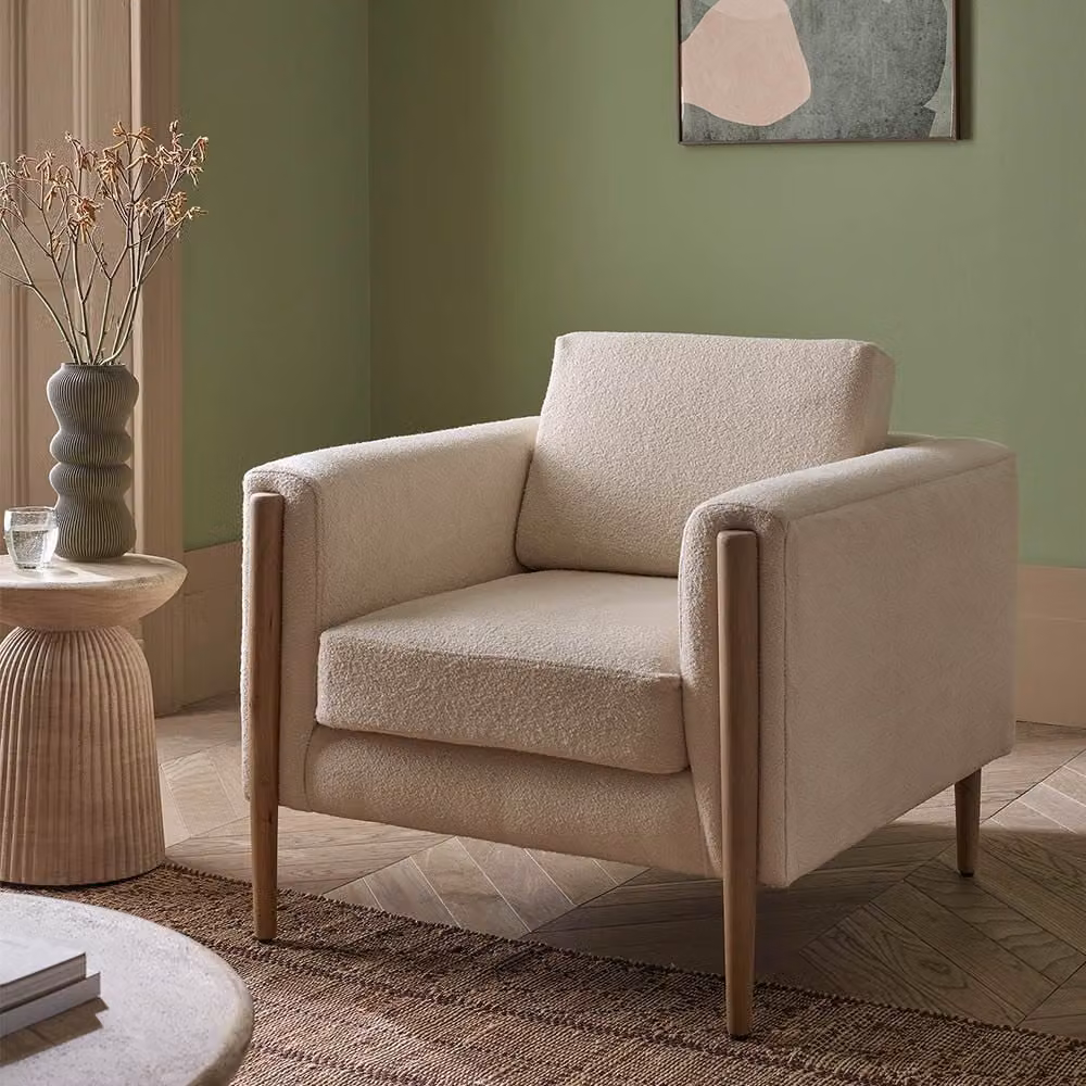 Atkin and Thyme Lexington Armchair in Beige and Brown Bouclé Fabric with Mango Wood Legs