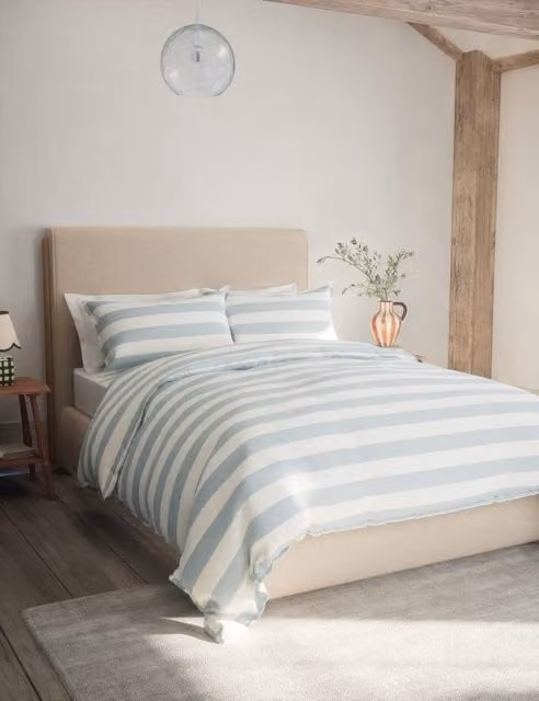 M&S Blue Mix Striped Linen Blend and Cotton Reversible Duvet Cover, 180 x 200 cm