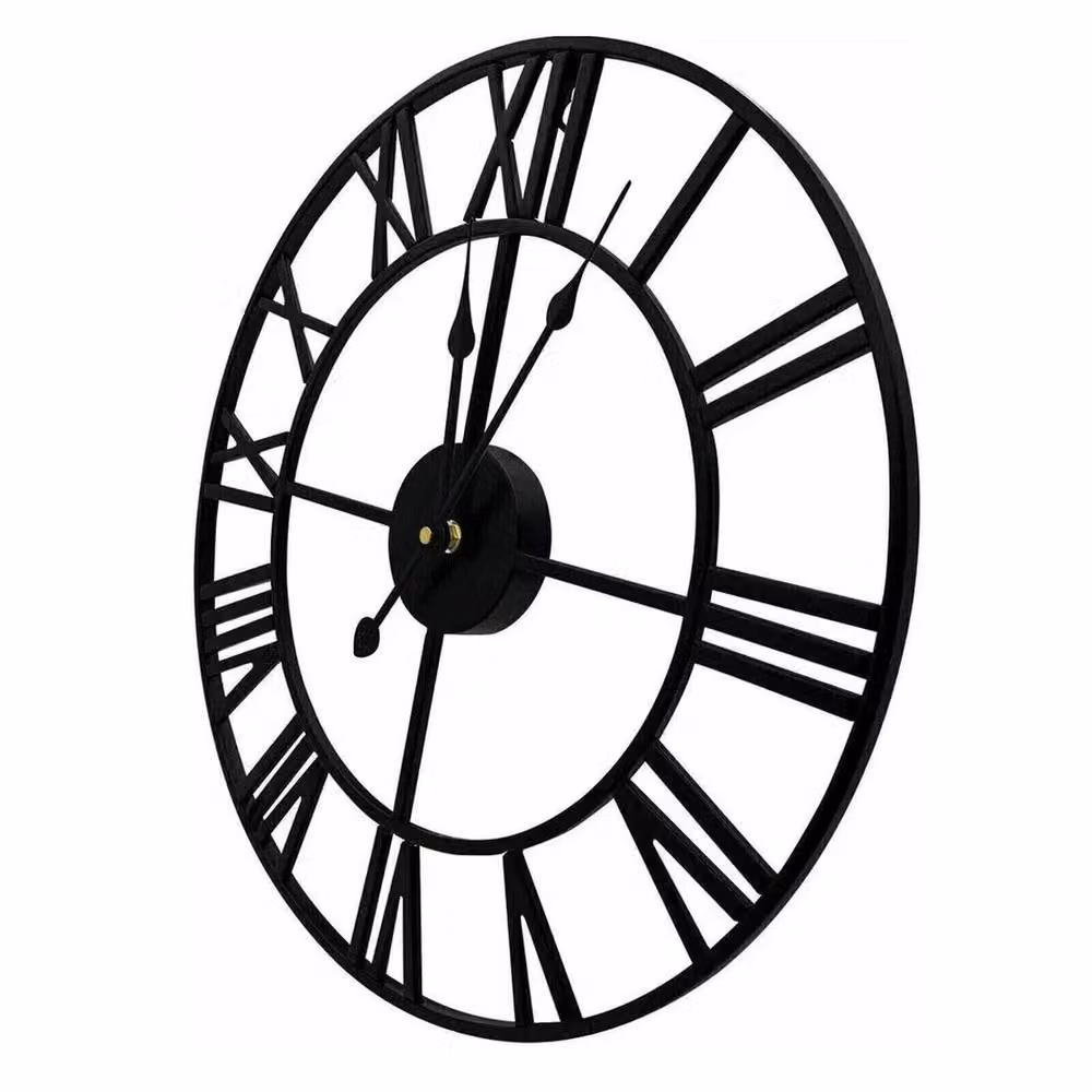 PAWNORA Black Round Skeleton Metal Garden Wall Clock with Roman Numerals, Diameter: 100 cm – 1