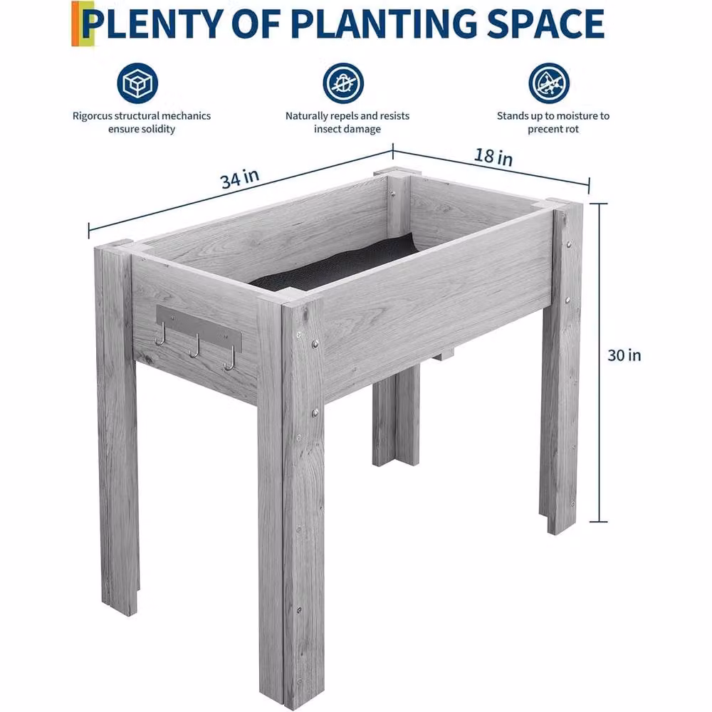 VOGREX Wooden Raised Garden Bed Elevated Planter Box with Drainage Hole, Grey, W: 86.36 cm, D: 76.2 cm, H: 45.72 cm – 2