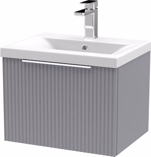 Balterley Fluted Wall Hung 1 Drawer Vanity Basin Unit and Ceramic Basin, Satin Grey, Width: 500 mm