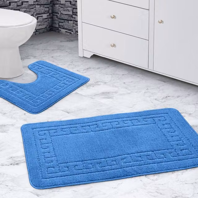 Velosso Greek Key Non-Slip Bathmat and WC Pedestal Mat Set in Blue – 1