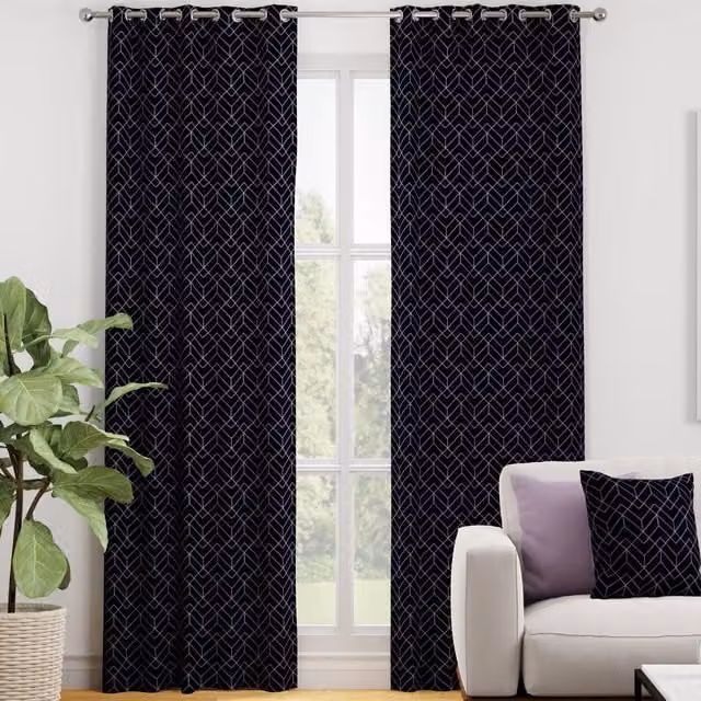 Terrys Vina Made to Measure Art Deco Blackout Eyelet Curtain Panel in Blue and Black Denim Style Polyester