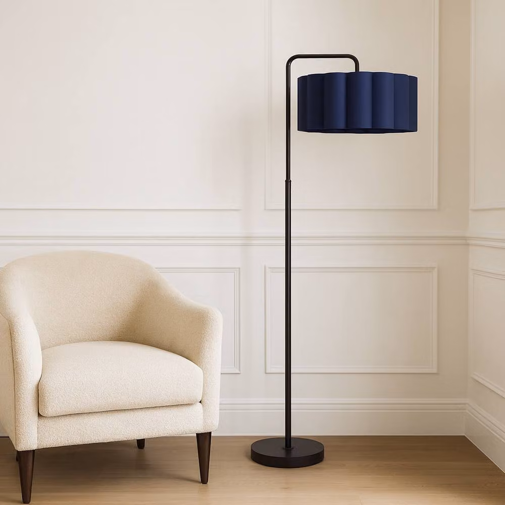 CGC Lighting Kyra Matt Black Angled Floor Lamp with Large Scalloped Fabric Lampshade – 2
