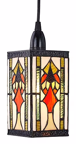 Happy Homewares Art Deco Tiffany Easy Fit Pendant Shade in Multicolour Green, Amber and Red Stained Glass, Rectangular Shape