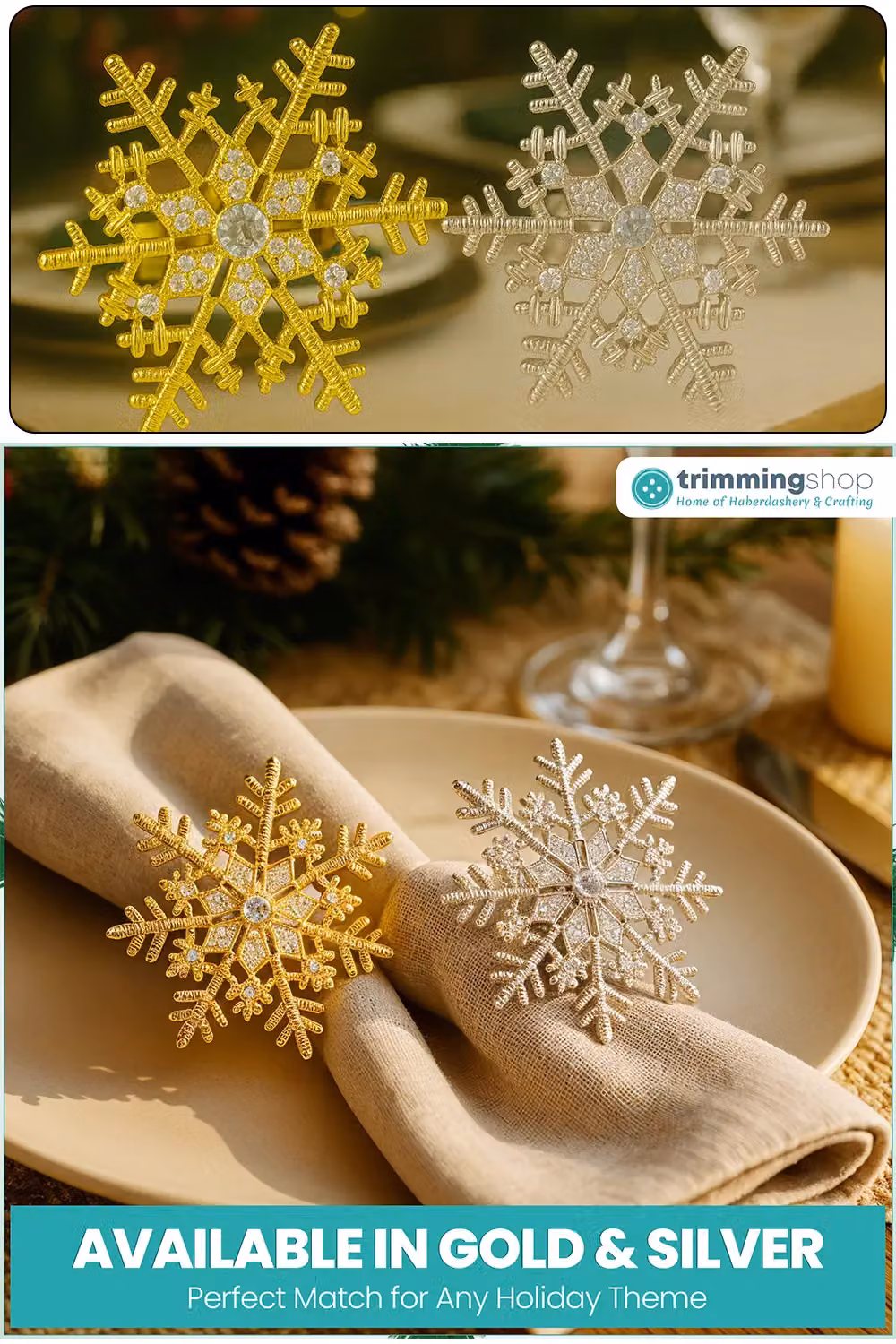 Neel Blue Snowflake Napkin Rings with Gold Diamante Rhinestones, 6-Piece Set – 3