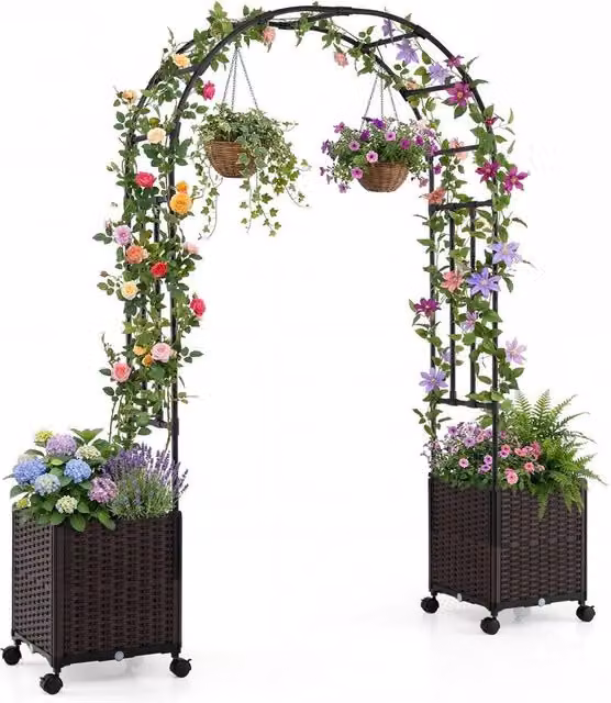VOGREX Black Metal Garden Arch Trellis with 2 Planter Boxes, Height: 200 cm
