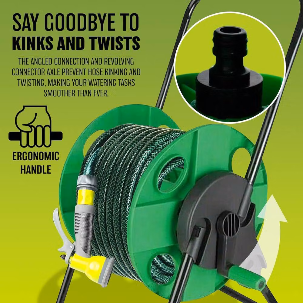 BARGAINS-GALORE Portable Green Garden Hose Reel with Trolley Wheels and Manual Winder – 5