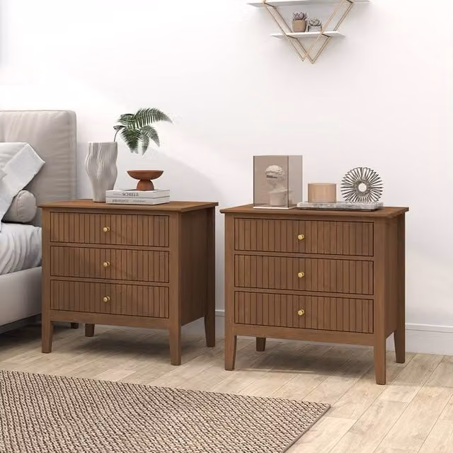 Melody Maison Pair of Large 3 Drawer Bedside Tables in Brown Wood