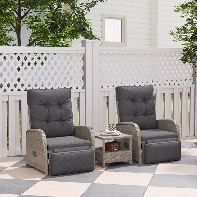 Outsunny 3 Piece Modern Rattan Wicker Chaise Lounge Sofa Set in Dark Grey