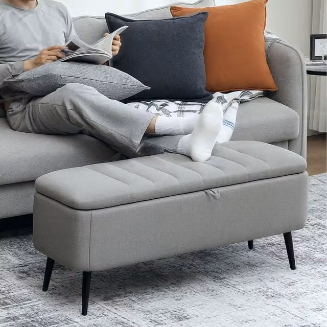 HOMCOM Rectangular Upholstered Storage Ottoman with Flip Top in Grey