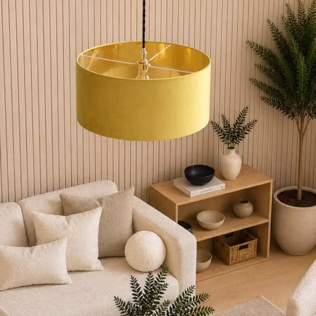 CGC Lighting Milano Large Modern Cylinder Velvet Fabric Lamp Shade in Mustard Yellow and Gold – 1