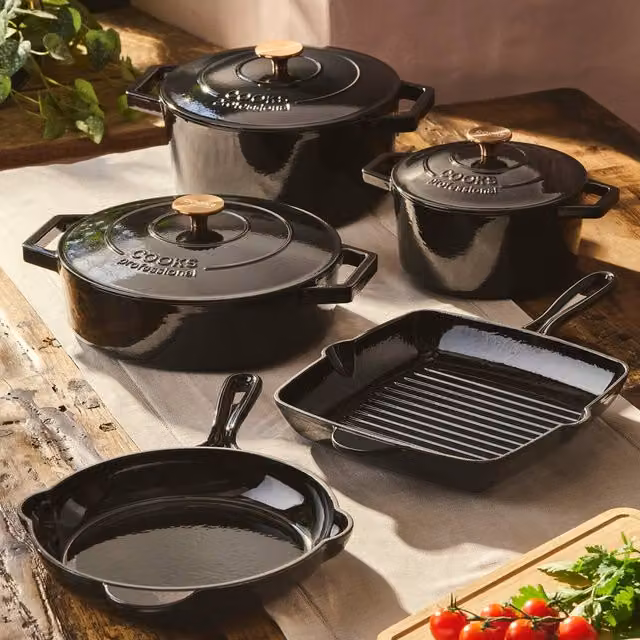 Cooks Professional 5 Piece Black Enamel Cast Iron Casserole Dish, Frying Pan and Skillet Set – 2
