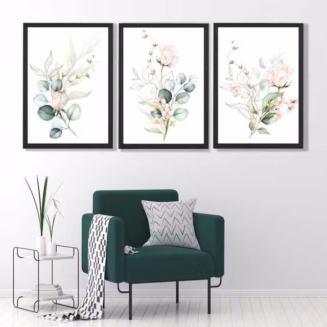 ARTZE Pink Floral Roses Set of 3 Botanical Wall Art Prints with Black Frame