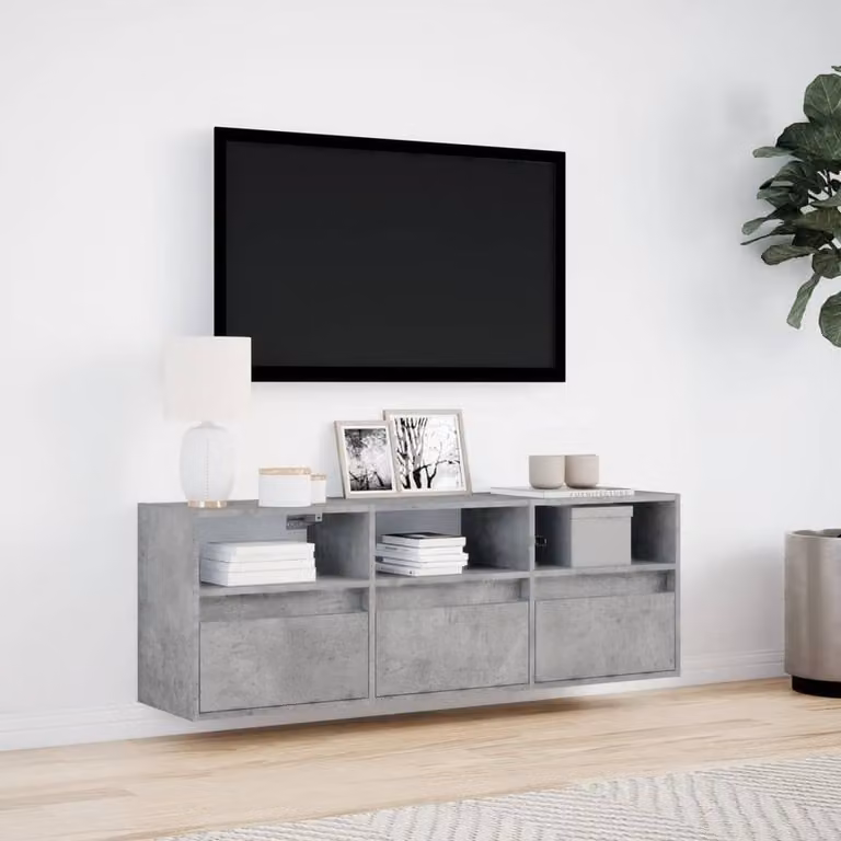 Berkfield Home TV Wall Cabinet with LED Lights in Concrete Grey, W/D/H: 130 x 31 x 45 cm