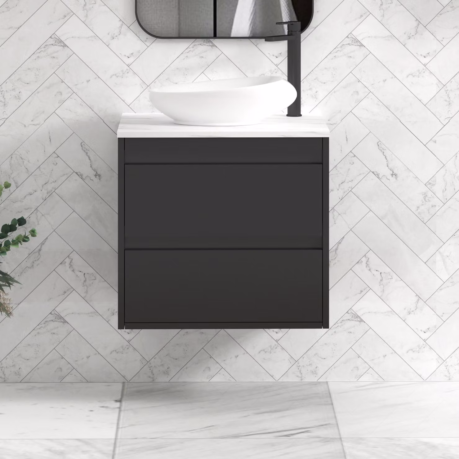 Royal Bathrooms Orion 600mm Matt Obsidian Black Wall Hung 2 Drawer Vanity Unit with Nova Basin and Black Accent Trim