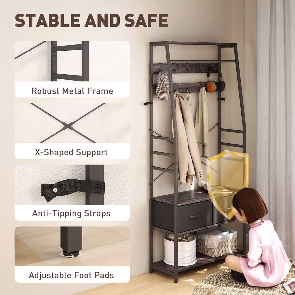 STILVORA Industrial Hall Tree with Bench, Shoe Storage and 10 Hooks in Grey and Black – 5