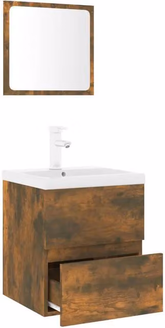 Berkfield Home Smoked Oak Bathroom Furniture Set with Vanity Unit and Mirror Cabinet in Brown and White