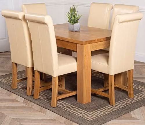 Oak Furniture King Dakota 6 Seater Solid Oak Dining Set with Washington Upholstered Ivory Leather Chairs, W/D/H: 127 x 82 x 77 cm