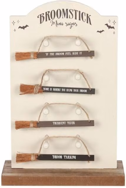 KDMK Set of 24 Mini Witch Broomstick Typography Signs in Grey and Brown Wood for Halloween Tabletop Decor