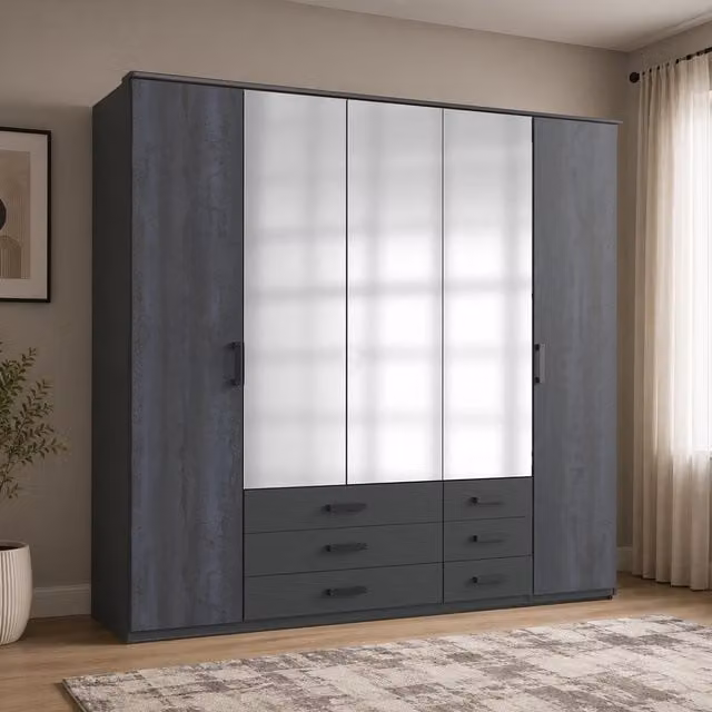 Goeteborg Graphite 5 Door Wardrobe with Mirror and 6 Drawers, Grey, W: 225 cm